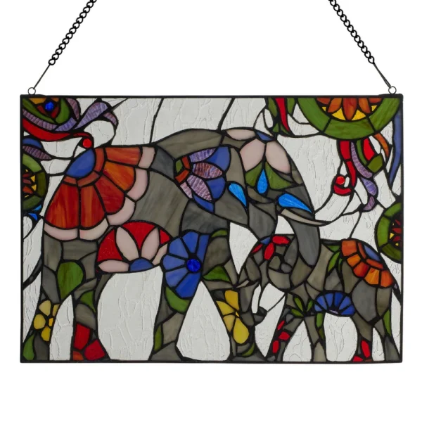 Artisan Stained Glass Window Panel Depicting Mother Baby Elephant